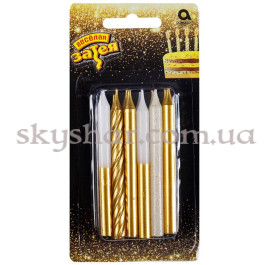 Опция Свічки для торта "Мікс кольору золото, білі та з гліттером" 8 см 12 шт. – фото 1