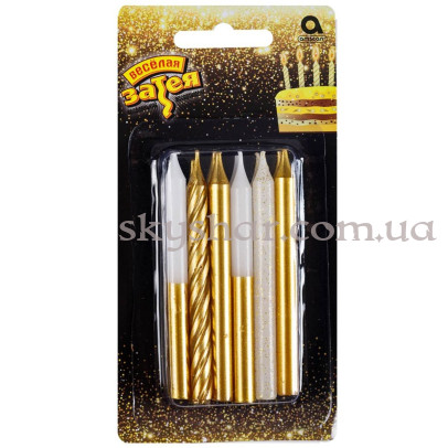 Свічки для торта "Мікс кольору золото, білі та з гліттером" 8 см 12 шт. – фото 1