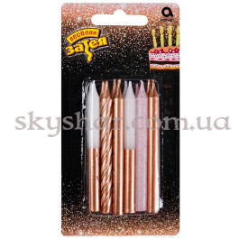 Опция Свічки для торта "Мікс кольору рожеве золото, білі та з гліттером" 8 см 12 шт. – фото 1