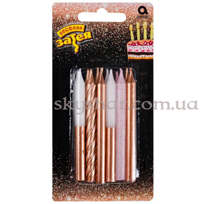 Свічки для торта "Мікс кольору рожеве золото, білі та з гліттером" 8 см 12 шт. – фото 1