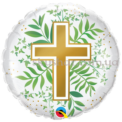 Фольгована кулька на Хрестини "Золотий хрест та зелень" – фото 1 Фольгована кулька на Хрестини "Золотий хрест та зелень" – фото 1
