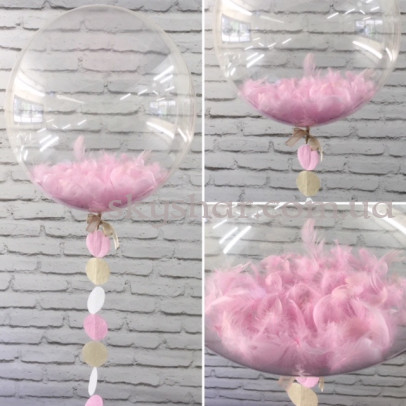 Шар Bubble с розовыми перьями и гирляндой – фото 1