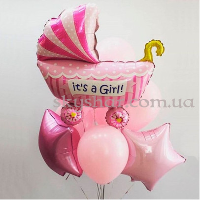 Кульки на виписку з пологового будинку дівчинці "Коляска для малюка" – фото 1 Кульки на виписку з пологового будинку дівчинці "Коляска для малюка" – фото 1