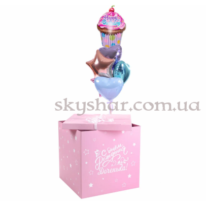 Коробка сюрприз с шарами розовая "Happy B-Day Кексик" – фото 1