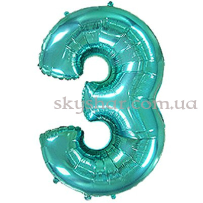 Фольгированная цифра "3" Бирюзовая – фото 1 Фольгированная цифра "3" Бирюзовая – фото 1
