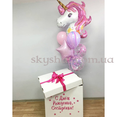 Коробка сюрприз с шарами "Единорог. С Днем Рождения!" – фото 1