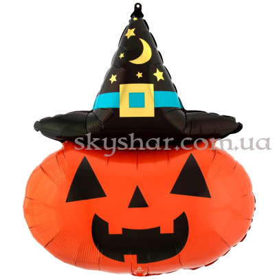 Фольгована кулька "Гарбуз у чорному капелюсі" – фото 1 Фольгована кулька "Гарбуз у чорному капелюсі" – фото 1