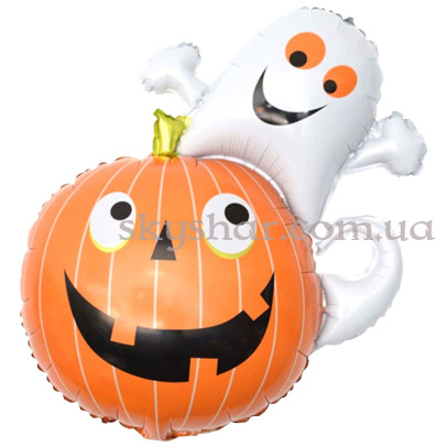 Фольгована кулька фігура "Усміхнений Гарбуз і Привид" – фото 1 Фольгована кулька фігура "Усміхнений Гарбуз і Привид" – фото 1