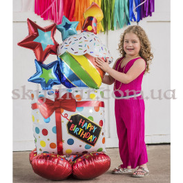 Фольгована стояча фігура "Happy Birthday" з кексом та зірками – фото 2