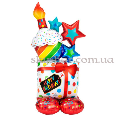 Фольгированная стоячая фигура "Happy Birthday" с кексом и звездами – фото 1 Фольгированная стоячая фигура "Happy Birthday" с кексом и звездами – фото 1
