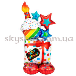 Опция Фольгована стояча фігура "Happy Birthday" з кексом та зірками – фото 1 Опция Фольгована стояча фігура "Happy Birthday" з кексом та зірками – фото 1