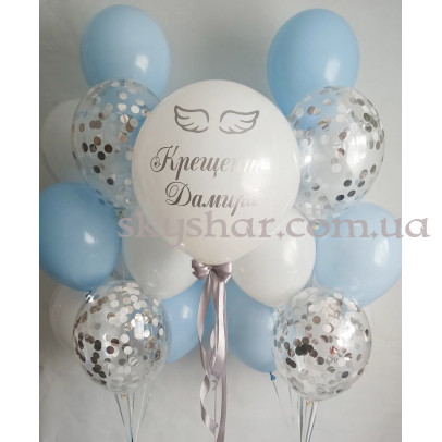 Ніжна композиція з кульок на Хрестини біло-блакитна – фото 1