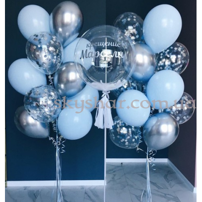 Набор Воздушное Крещение с шаром с перьями и серебряно-голубыми шариками – фото 1