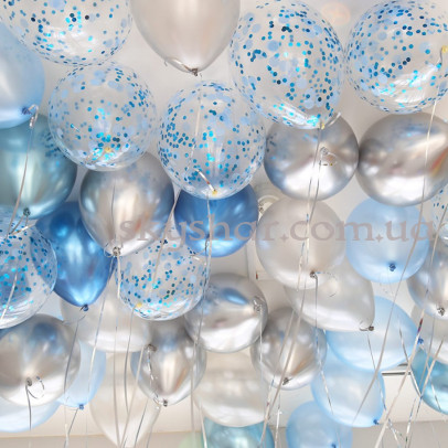 Гелиевые шарики под потолок в серебряно-голубых тонах 30 шт. – фото 1