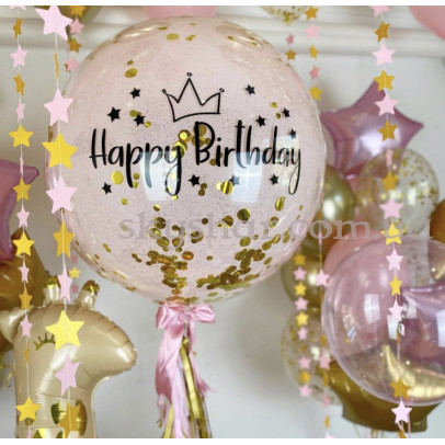 Стеклянный розовый шар гигант 70 см с Вашей надписью и золотым конфетти Даблстаф – фото 1