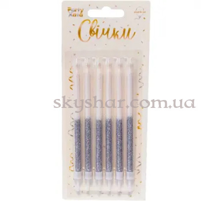 Свечи д/торта глиттер бело-серебристый с подставками 12 см 6 шт – фото 1