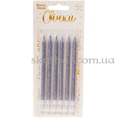 Свечи д/торта глиттер серебристый с подставками 12 см 6 шт – фото 1