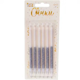 Опция Свечи д/торта глиттер бело-серебристый с подставками 12 см 6 шт – фото 1